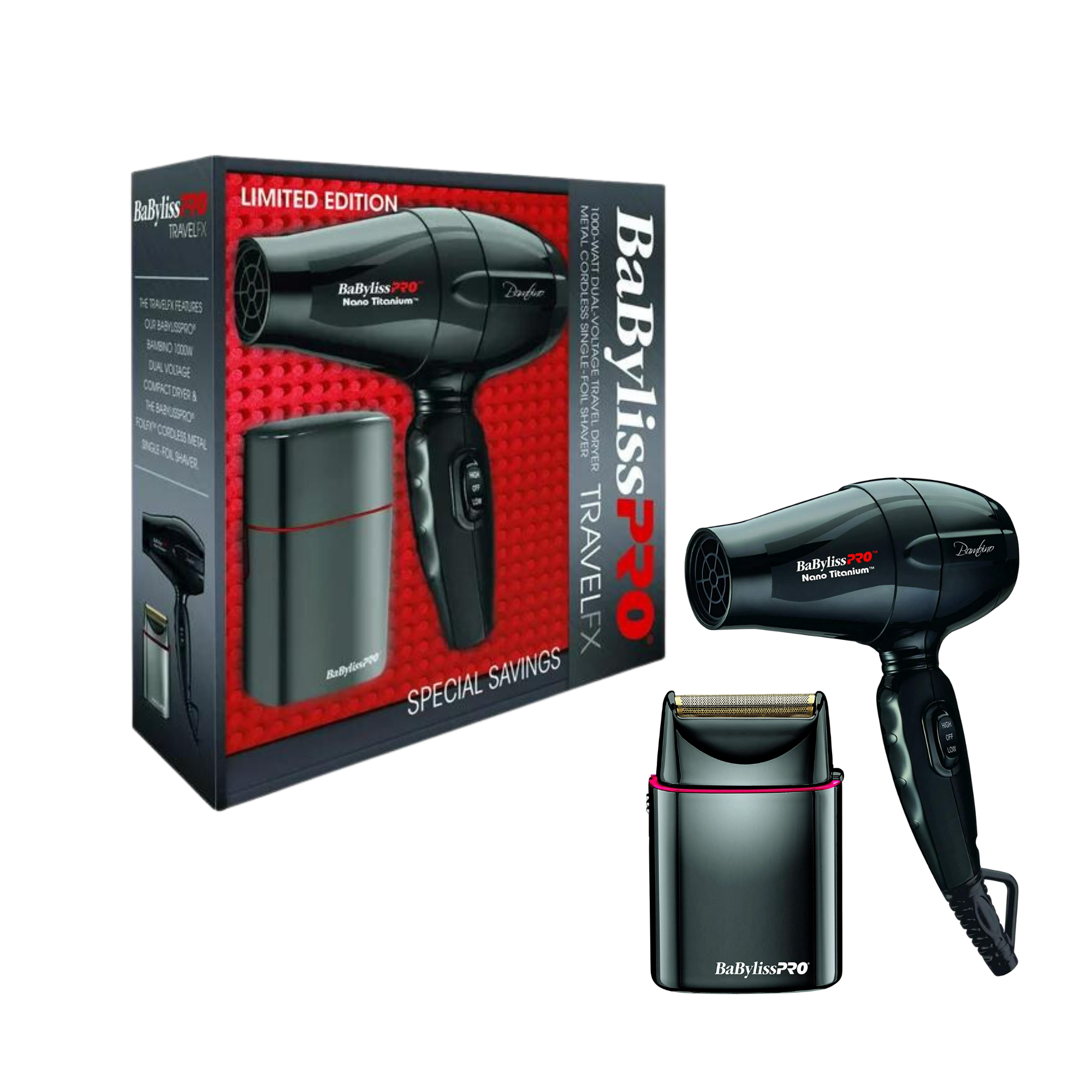 SALE BaByliss PRO TRAVELFX Travel Dryer Foil Shaver Set Travel Grooming Set Salon Brands