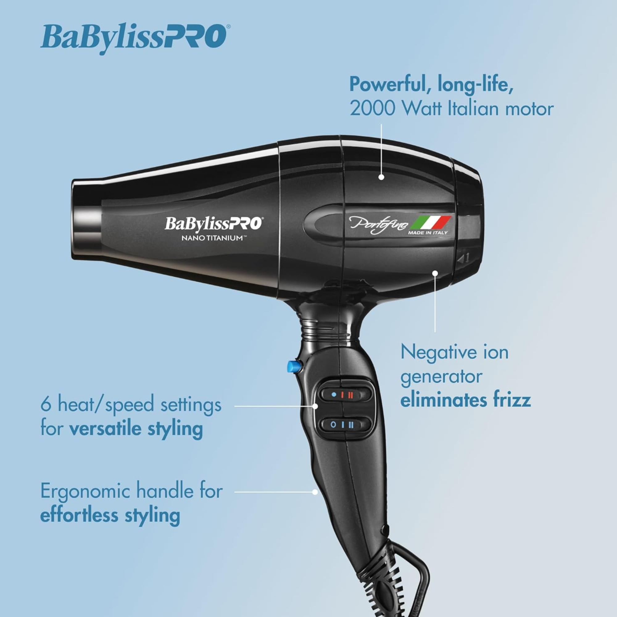 BabylissPRO Nano Titanium Portofino 2000 Watt Dryer Black Salon Brands